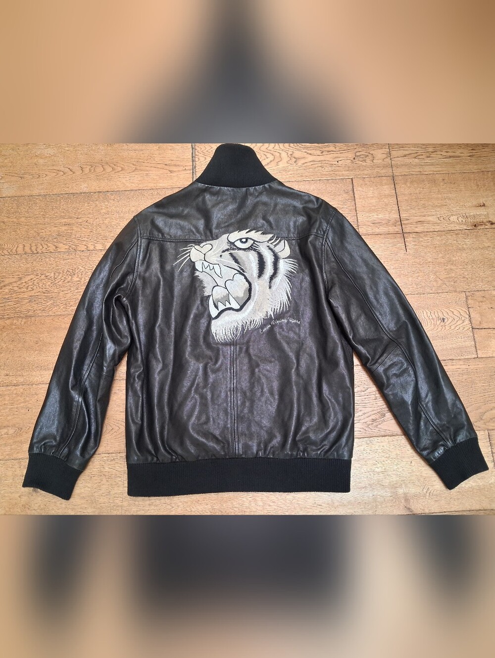 EVISU Heritage Embroidered Tiger Black Leather Jacket Men's Large